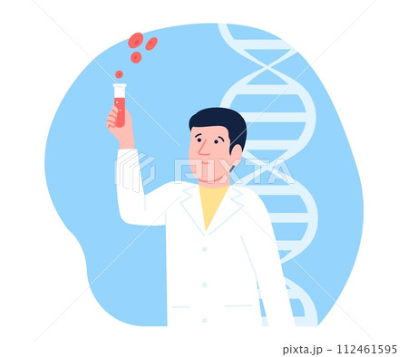 Doctor with test tube. Chemical or medical research, chemistry scientist looking on blood and cells. Lab assistant character, recent vector scene Doctor with test tube. Chemical or medical research, chemistry scientist looking on blood and cells. Lab assistant character, recent vector scene 112461595