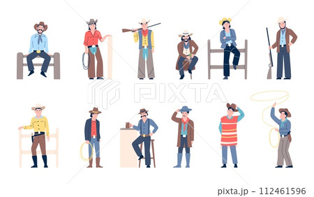 Flat cowboys. Men in cowboy costume in different poses. Wild west characters wear hats and stylish traditional texas outfits, recent vector set 112461596