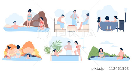 Hot thermal springs. People resting and relaxation in sauna, bath tubes and water natural spring. Wellness procedures, steam room, recent vector scenes 112461598