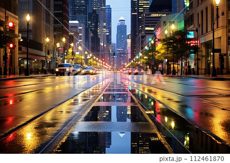 Rainy city street with skyscrapers at night 112461870