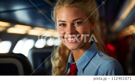 Portrait of a smiling young blonde woman in a blue shirt and red tie 112461871