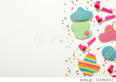 Cinco de Mayo celebration concept, festive decorations on a white background 112462011
