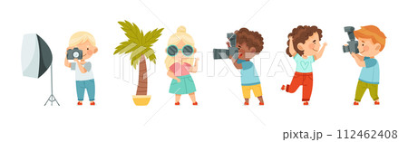 Cute Little Boy and Girl with Camera Taking Photograph Vector Set Cute Little Boy and Girl with Camera Taking Photograph Vector Set 112462408