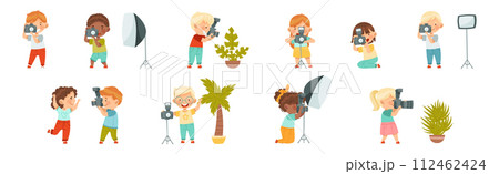 Cute Little Boy and Girl with Camera Taking Photograph Vector Set 112462424