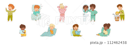 Little Boy and Girl Getting Ready to Bed Wear Pajama Vector Set Little Boy and Girl Getting Ready to Bed Wear Pajama Vector Set 112462438