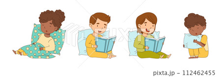 Little Boy and Girl Getting Ready to Bed Wear Pajama Vector Set 112462455