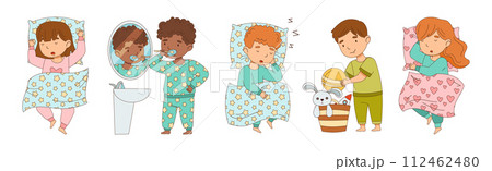 Little Boy and Girl Getting Ready to Bed Wear Pajama Vector Set 112462480
