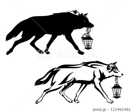 running fairy tale wolf with lantern lamp vector silhouette and outline 112462482