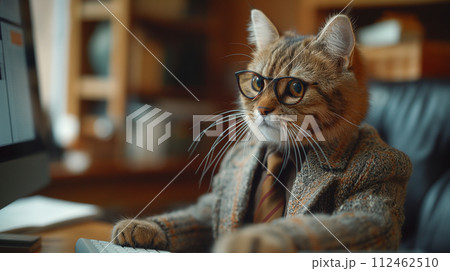 パソコンを操作するビジネス猫のイラスト素材 [112462510] - PIXTA