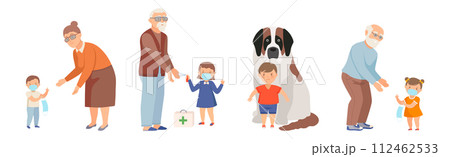 Kind and Fair Little Girl and Boy Character Protecting Grandparent and Dog Vector Illustration Set 112462533