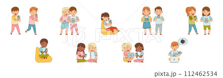 Kids with Mobile Gadget Use Electronic Devices Vector Set 112462534