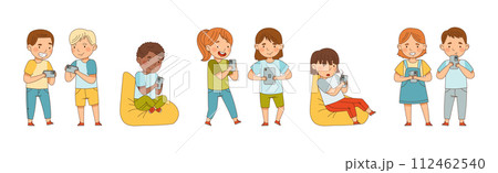 Kids with Mobile Gadget Use Electronic Devices Vector Set 112462540