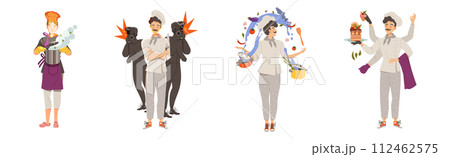 Young Man and Woman Chef Master in Toque Preparing and Cooking Food Vector Set 112462575