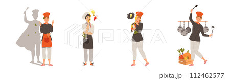 Young Man and Woman Chef Master in Toque Preparing and Cooking Food Vector Set Young Man and Woman Chef Master in Toque Preparing and Cooking Food Vector Set 112462577