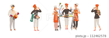 Young Man and Woman Chef Master in Toque Preparing and Cooking Food Vector Set Young Man and Woman Chef Master in Toque Preparing and Cooking Food Vector Set 112462578