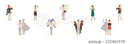 Young Man and Woman Chef Master in Toque Preparing and Cooking Food Vector Set Young Man and Woman Chef Master in Toque Preparing and Cooking Food Vector Set 112462579