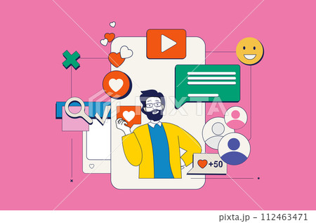 Social media concept in flat neo brutalism design for web. Man chatting at mobile app, likes and sharing posts, searching information. Vector illustration for social media banner, marketing material. 112463471