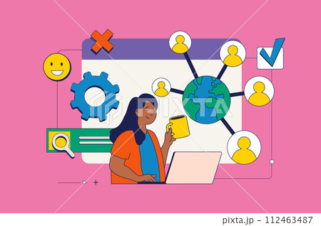 Social network concept in flat neo brutalism design for web. Woman chatting and connecting online with friends, browsing posts, likes. Vector illustration for social media banner, marketing material. Social network concept in flat neo brutalism design for web. Woman chatting and connecting online with friends, browsing posts, likes. Vector illustration for social media banner, marketing material. 112463487