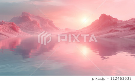 まるで天国のようなピンク色の世界。ピンク色の荒野とピンク色の湖　AI生成画像 112463635