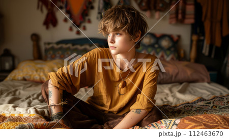 AI-generated content. Pensive Teenager in a Cozy Bedroom Environment Reflecting AI-generated content. Pensive Teenager in a Cozy Bedroom Environment Reflecting 112463670