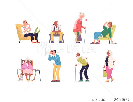 Tired senior people. Sad seniors patient lacking energy, weak elderly sitting person resting, sick elders feeling fatigue, senility old man loneliness classy vector illustration 112463677