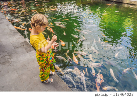 Young boy feeding koi carps in the pond 112464028