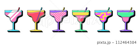 Isolated retro cocktail icon set, vector stickers. Cocktail party, glasses with juice or alcohol drink, summer bar. Outline 3D cocktails with pattern. Retro design elements for ads and pop party 112464384