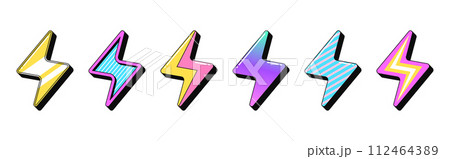 Isolated retro lightning icon set, vector stickers. Lightning flash, electric charge, energy recharge, electricity power. Outline 3D lightnings with pattern. Retro design elements for ads and party 112464389