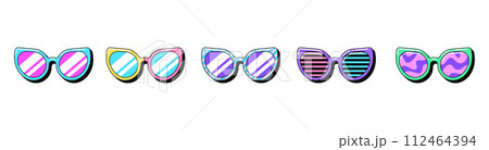 Isolated retro sunglasses icon set, vector stickers. Fashion glasses, glamour spectacles, crazy party eyewear. Outline 3d sunglasses with pattern. Retro design elements for party and pop culture Isolated retro sunglasses icon set, vector stickers. Fashion glasses, glamour spectacles, crazy party eyewear. Outline 3d sunglasses with pattern. Retro design elements for party and pop culture 112464394