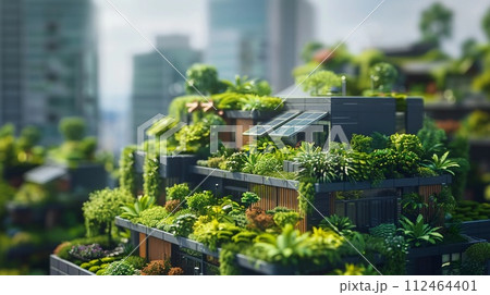 Eco-Friendly Building With Green Roof Gardens And Solar Panels, Dense Urban Jungle, AI Generated Eco-Friendly Building With Green Roof Gardens And Solar Panels, Dense Urban Jungle, AI Generated 112464401