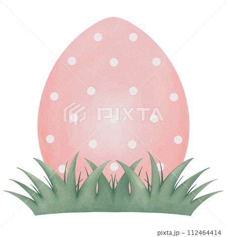 Watercolor cute white polka dot pattern pink easter egg on grass 112464414