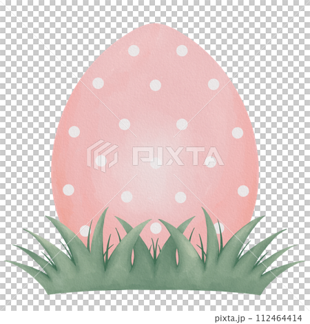 Watercolor cute white polka dot pattern pink easter egg on grass 112464414