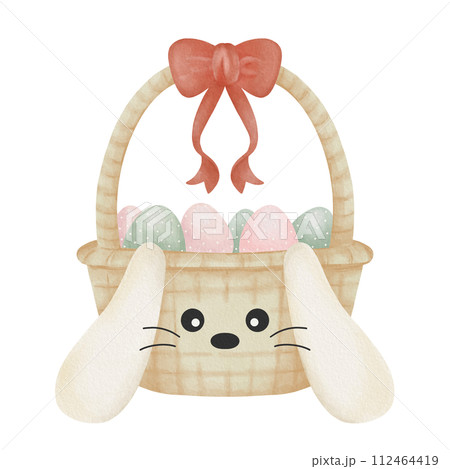 Watercolor cute happy white polka dot pink green easter egg in bunny basket Watercolor cute happy white polka dot pink green easter egg in bunny basket 112464419