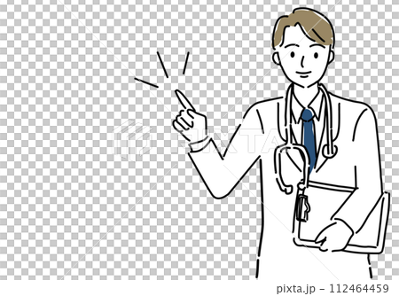 A simple line drawing of a doctor holding a file and explaining 112464459