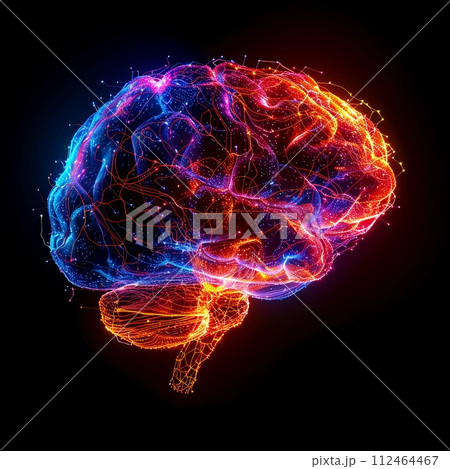 Glowing Human Brain. Blue and Orange Neon. Artificial Intelligence. Futuristic Style. AI Generative 112464467