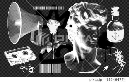 Vintage y2k set of different cool elements with retro negative photocopy effect. Y2k grunge loudspeaker, antique statue, cassette, rose, spider with a grainy effect and stippling. Vector illustration 112464774