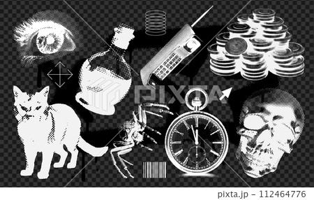 Retro negative photocopy effect futuristic grunge elements collection for design. Abstract three-dimensional skull, cat, eye, cellphone, clock, spider. Vector illustration for poster, banner, sticker 112464776