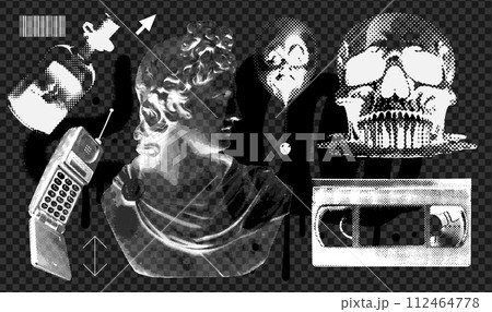 Cool y2k elements set with a retro negative photocopy effect. Trendy grungy antique statue, video cassette, melted skull, retro cellphone for design. Grain effect and stippling. Vector dots texture. 112464778
