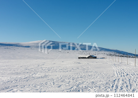 Winter morning, road to Meadow Hut, krkonose mountains. Along the road are wooden long bars, tourist markings for winter season. 112464841