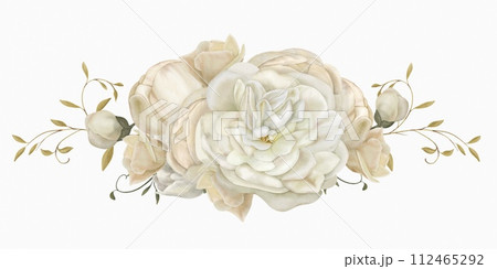 beautiful white peonies and roses with leaves on a white background 112465292