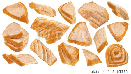 Hot smoked salmon pieces isolated on white background with clipping path Hot smoked salmon pieces isolated on white background with clipping path 112465573