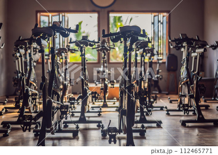 Bike for group lessons work out hard in sport club 112465771