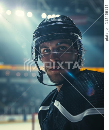 AI-generated content. Portrait of young man, hockey player with attentive and serious gaze, in uniform and protective helmet on blurred ice rink background 112466115
