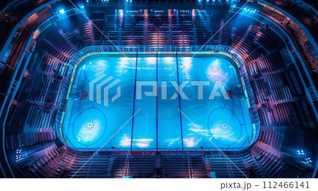 AI-generated content. Aerial view on empty ice rink arena with sport fans tribune with neon colored illumination and spotlights 112466141