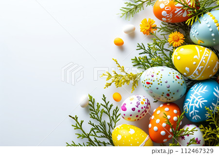 Happy Easter banner. Colorful eggs on white background Happy Easter banner. Colorful eggs on white background 112467329