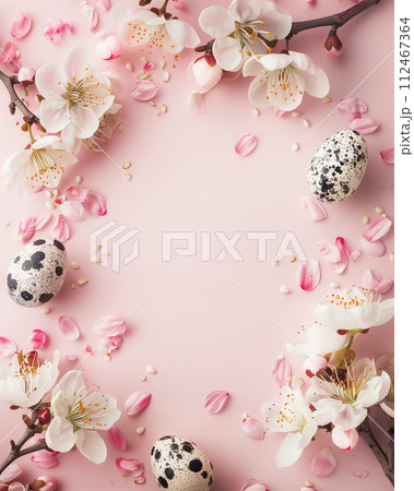 Pink Blossom and Spotted Eggs, Easter Egg Flat Lay 112467364