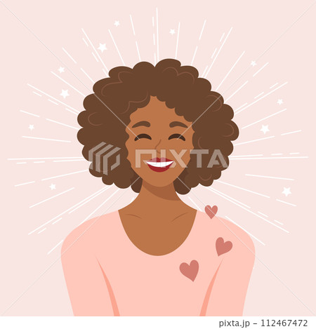 Happy young woman with hearts. Mental health banner. Love yourself. Self love concept. Illustration, vector Happy young woman with hearts. Mental health banner. Love yourself. Self love concept. Illustration, vector 112467472