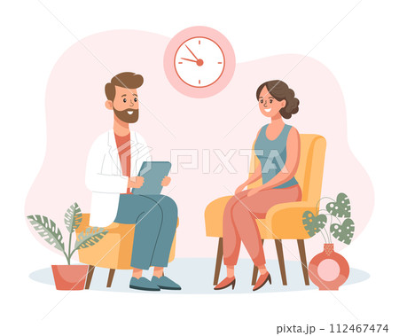 Psychotherapy online, a woman talking to a psychologist on the screen. Mental health banner or landing page template. Illustration, vector 112467474