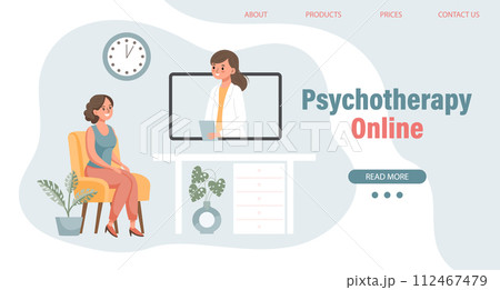 Psychotherapy online, a woman talking to a psychologist on the screen. Mental health banner or landing page template. Illustration, vector 112467479