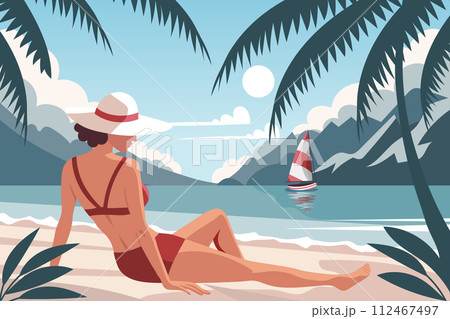 Seascape. Vacation time. Woman on the beach in a swimsuit sunbathing on the background of the see shore. Illustration. Vector 112467497